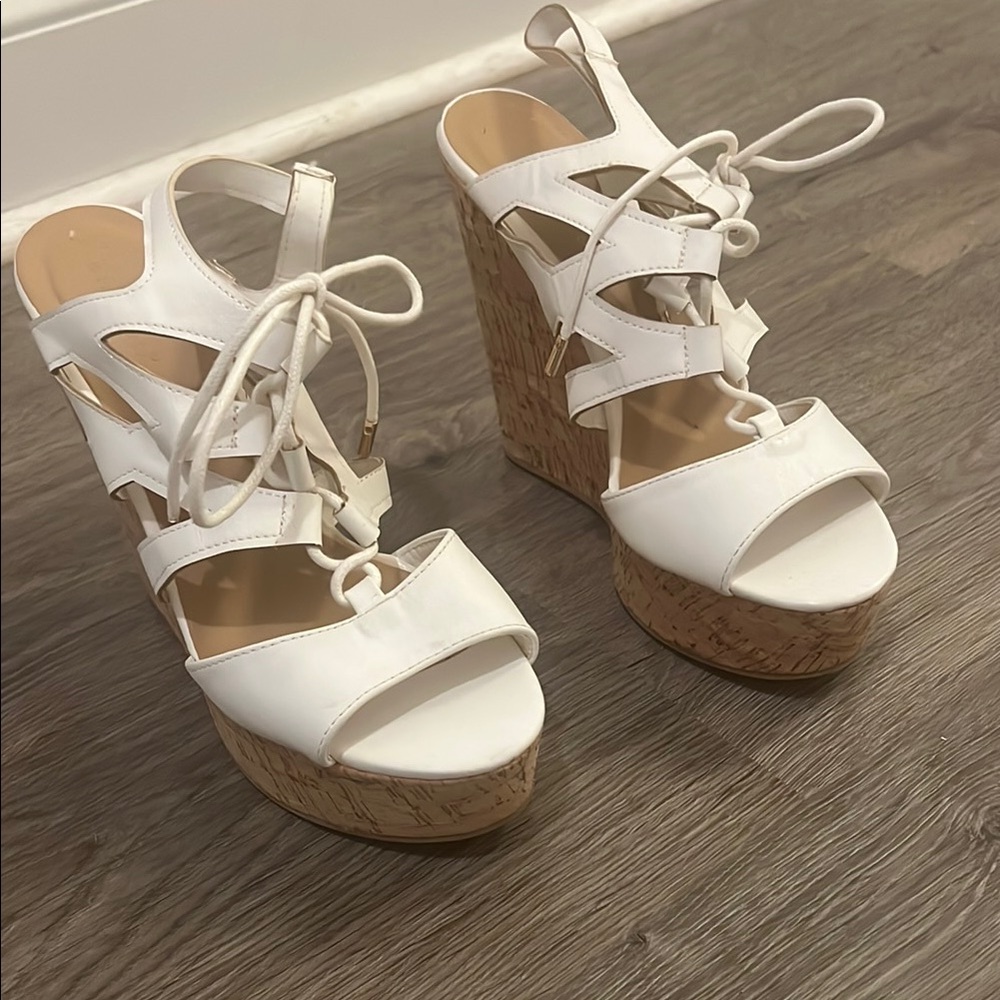 BAMBOO White Wedge Sandals with Cork Platform